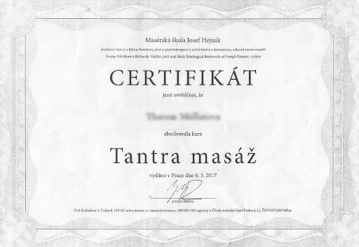 Certifikát o absolvování kurzu Tantra masáž – Masérská škola Josef Hejnák, Praha 2017